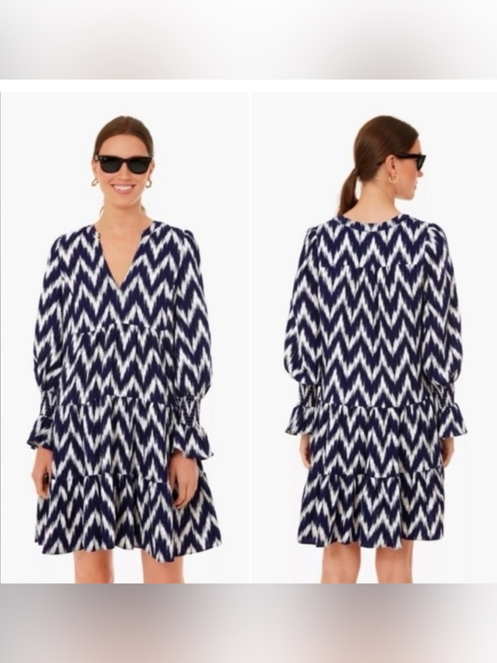 Pomander Place Kenzo Ikat Navy and White Zigzag Tiered Long Sleeve Dress